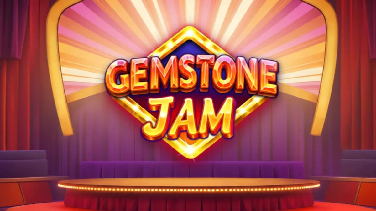 Tampilan visual slot Gemstone Jam dengan simbol klasik dan nuansa panggung TV mewah.